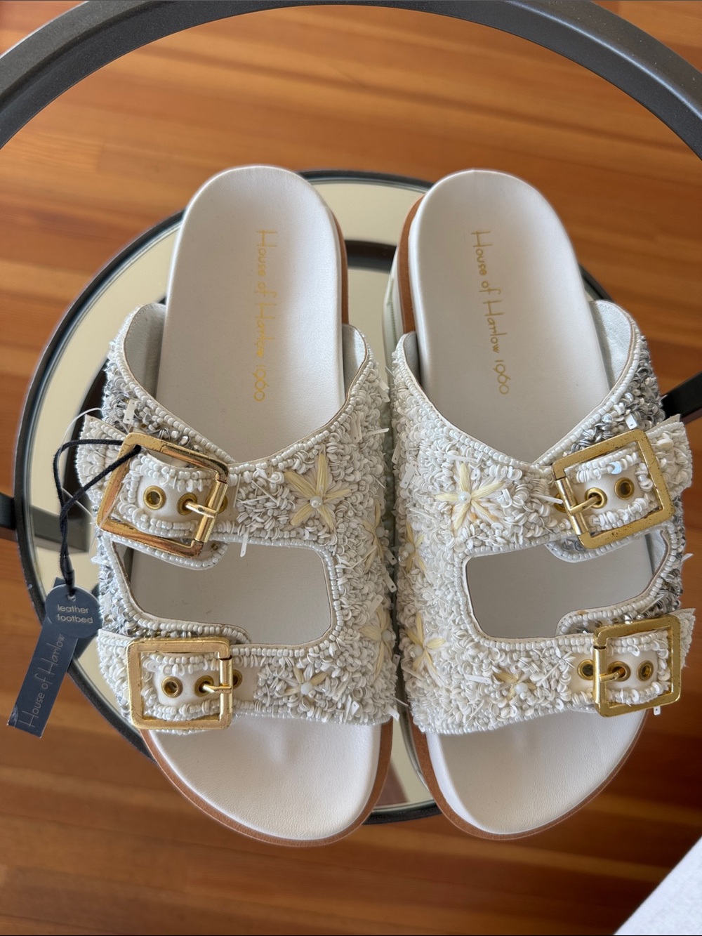 HOUSE OF HARLOW 1960 Cream Embroidered Beaded Buckle Slide Sandals